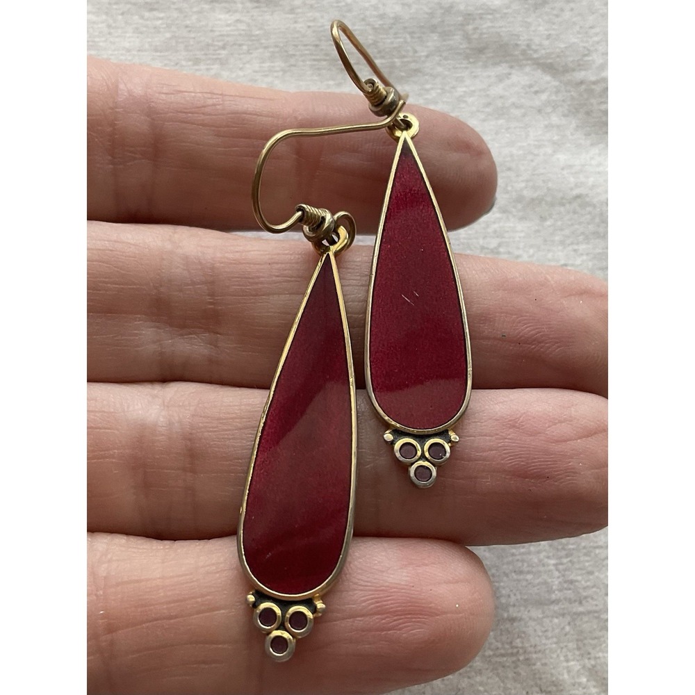 Laurel Burch dangle earrings Burgandy Enamel Gold Tone Vintage Estate Jewelry